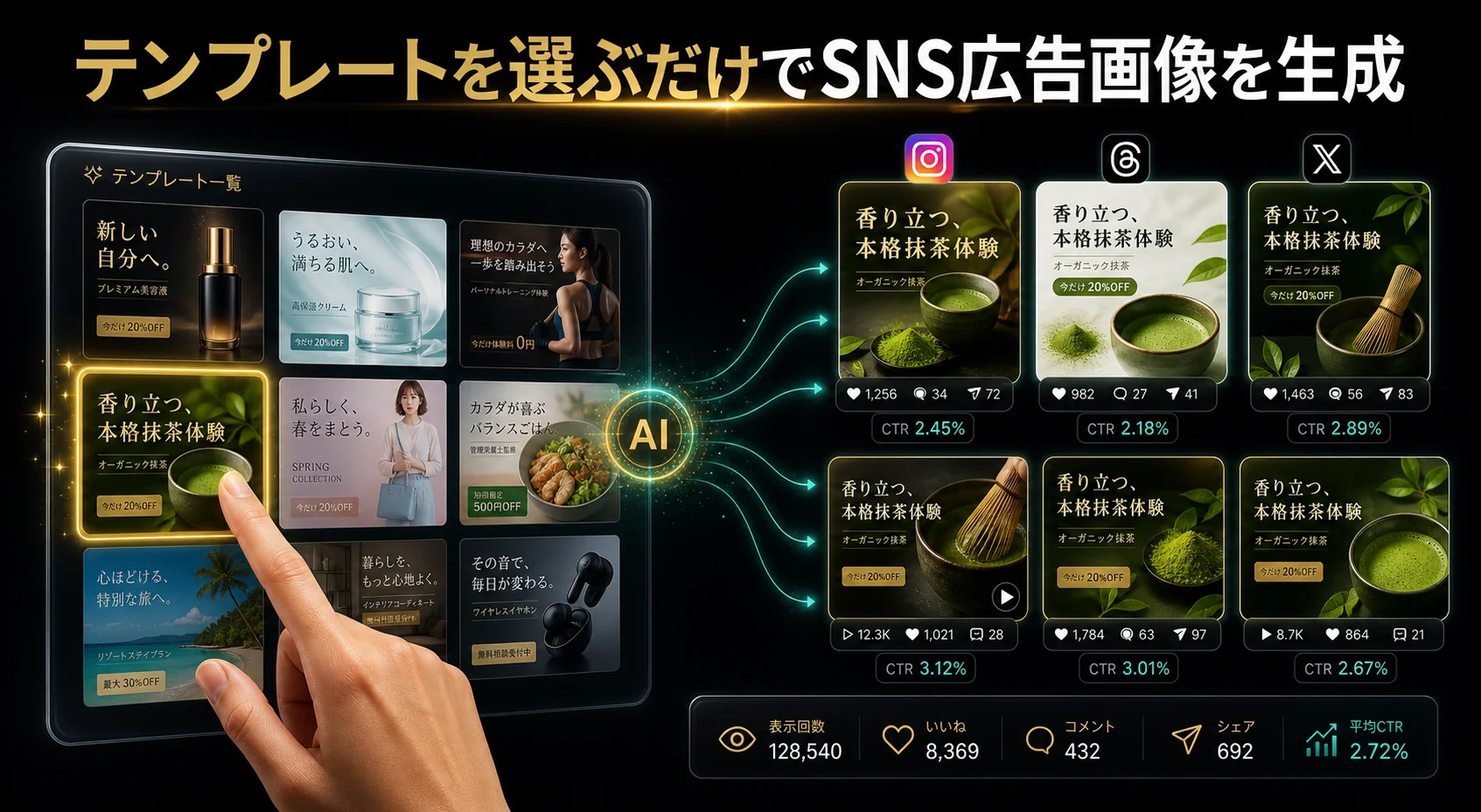 テンプレートを選ぶだけでSNS広告画像を生成。